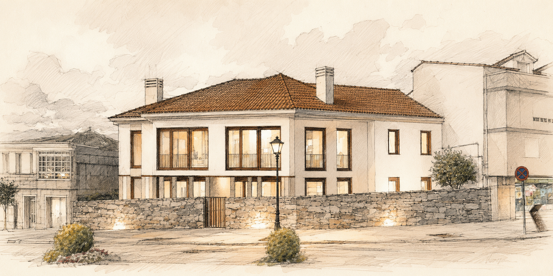 Fachada de Residencial Santa Liberata, ilustración a mano